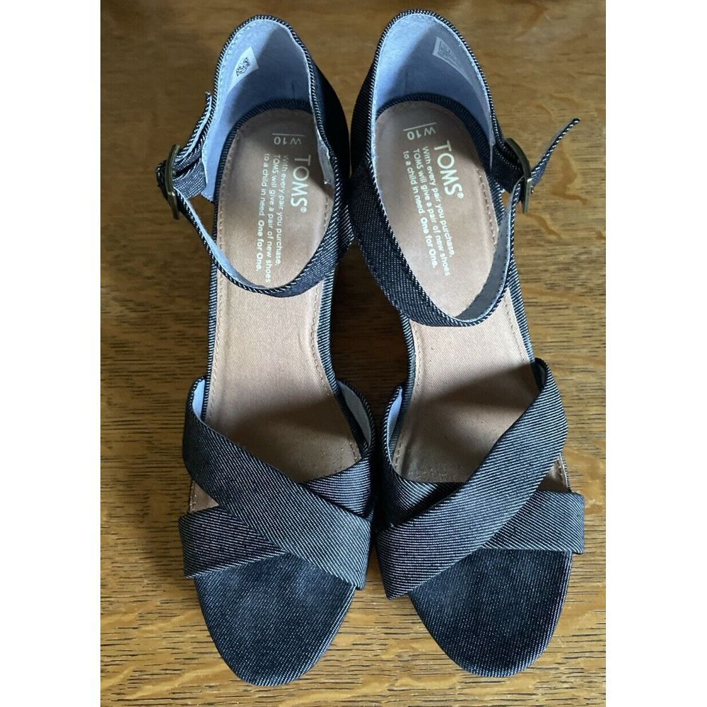 TOMS Wedge Heel Cork/Fabric Buckle Strap Womens Blue Sandals Shoes Size W 10